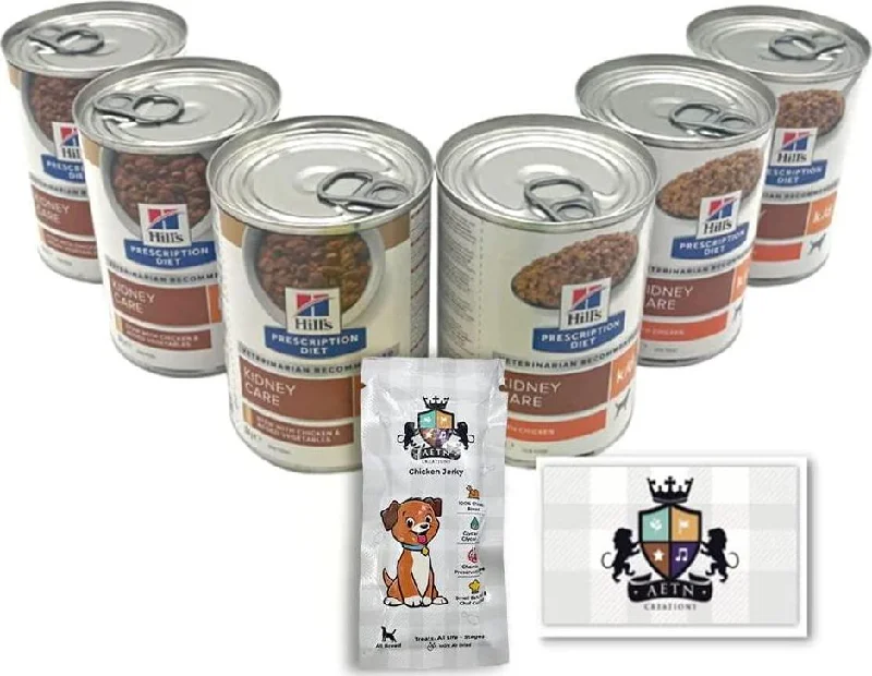 Prescription Diet Canine K/D Wet Dog Mixed Chicken Pack - 3 Stew And 3 Regular, Specifically Developed To Relieve Symptoms Of Kidney Disease Plus AETN Creations Natural Jerky Treat