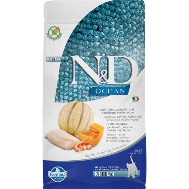 Dry Cat Food - N & D - OCEAN - Cod, Shrimp, Pumpkin & Cantaloupe Melon - Kitten