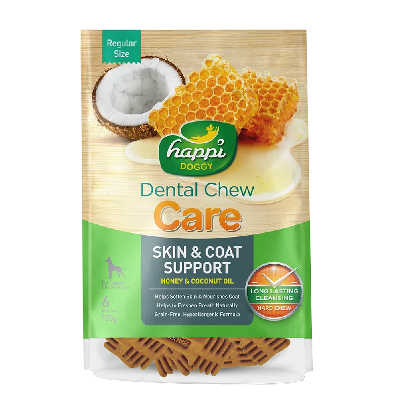 Happi Doggy Dental Chew Care Hard Chew Skin & Coat Support Honey & Coconut Oil Regular 150g